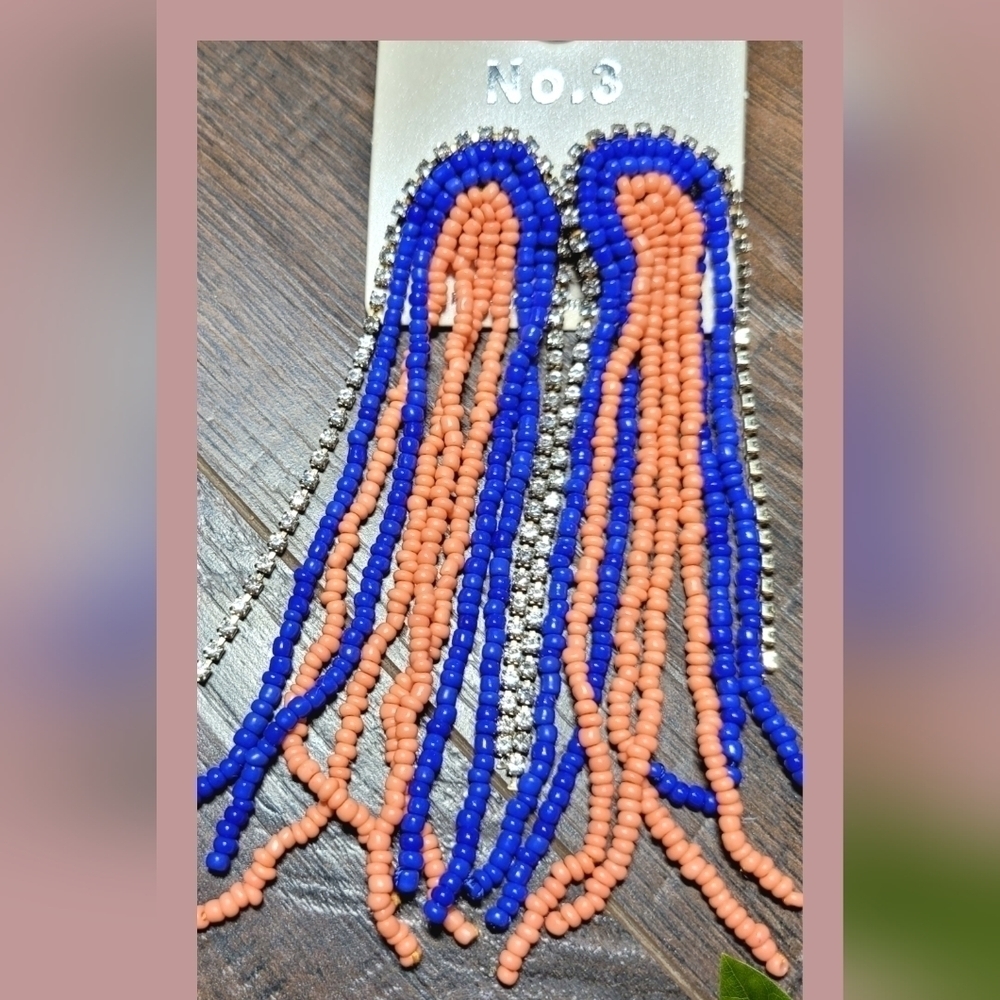 Broadway Bound Blue And Coral Seed Bead Fringe Earrings